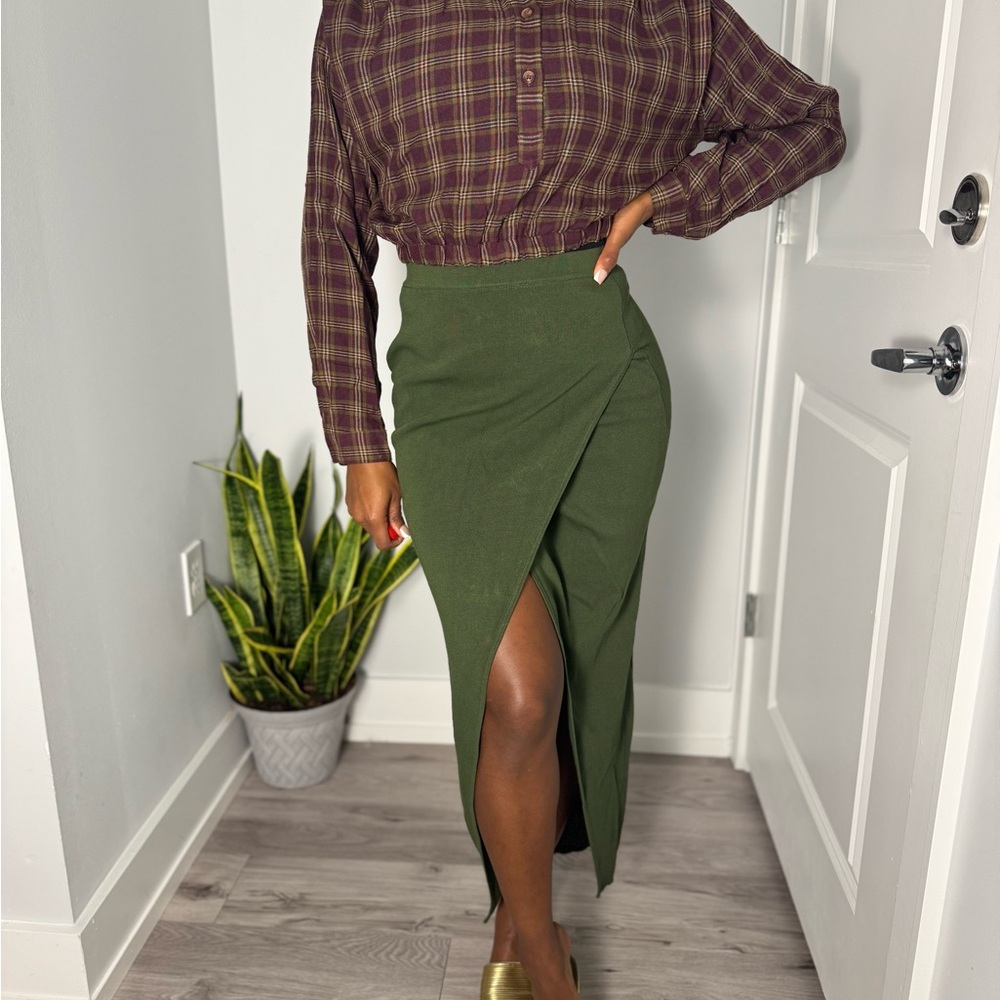 Plaid Blouse and Olive Green Maxi Skirt Set